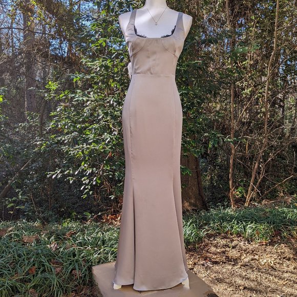 FAME and PARTNERS Silver Gray Gown in Satin and Black Lace Size 12 Brand New - Picture 3 of 9